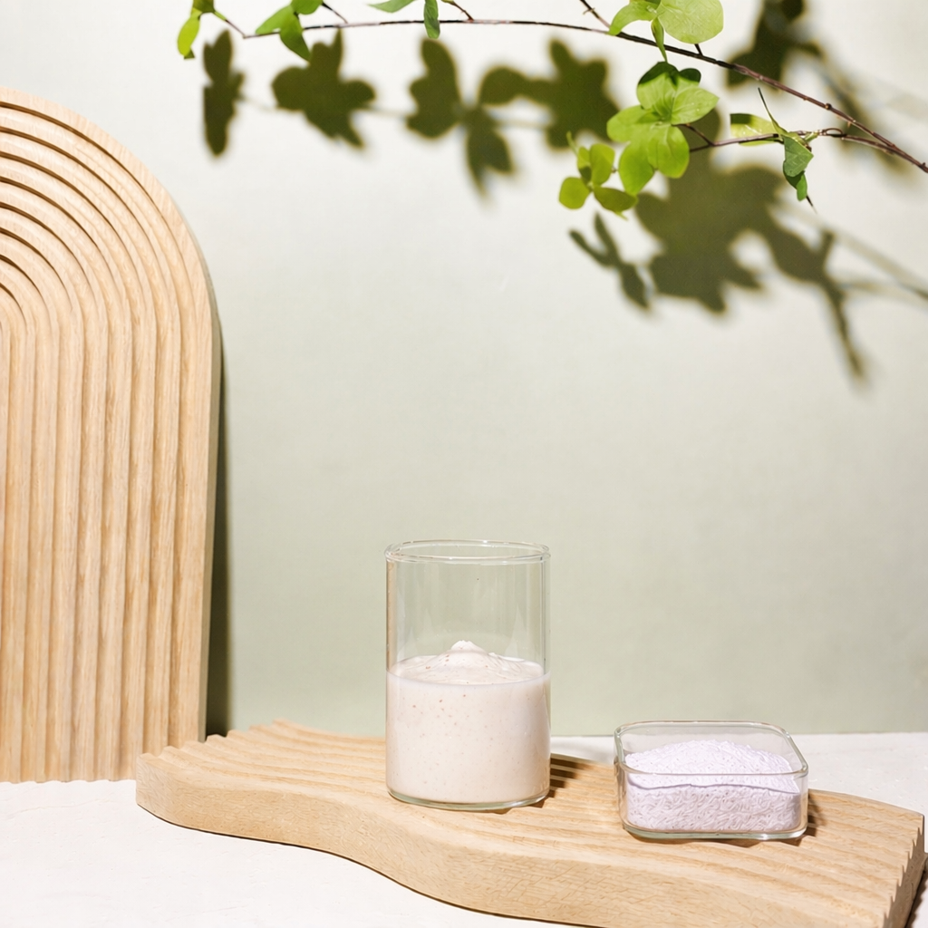 Bột khoai môn hấp chín nguyên chất 100% khi được pha với nước tạo ra hỗn hợp sệt và thơm