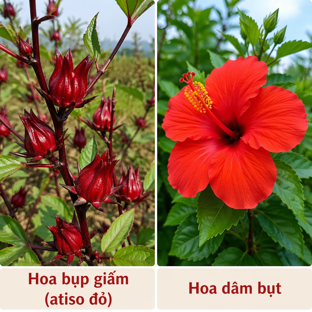Phân biệt giữa hoa bụp giấm (atiso đỏ) và hoa dâm bụt