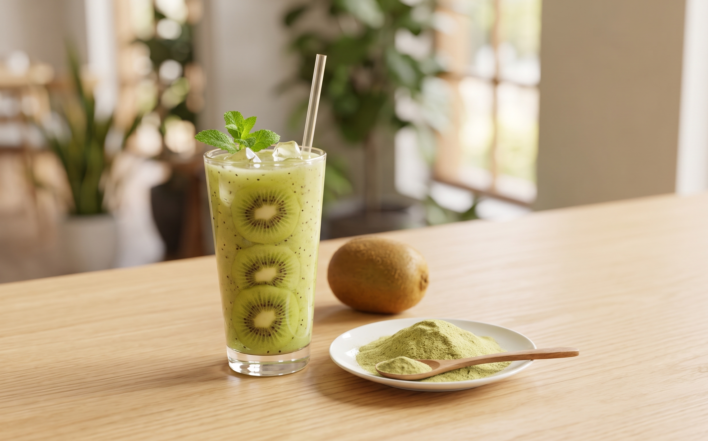 Ly trà xanh kiwi nhiệt đới mát lạnh pha từ bột trái kiwi sấy phun Thực Thảo
