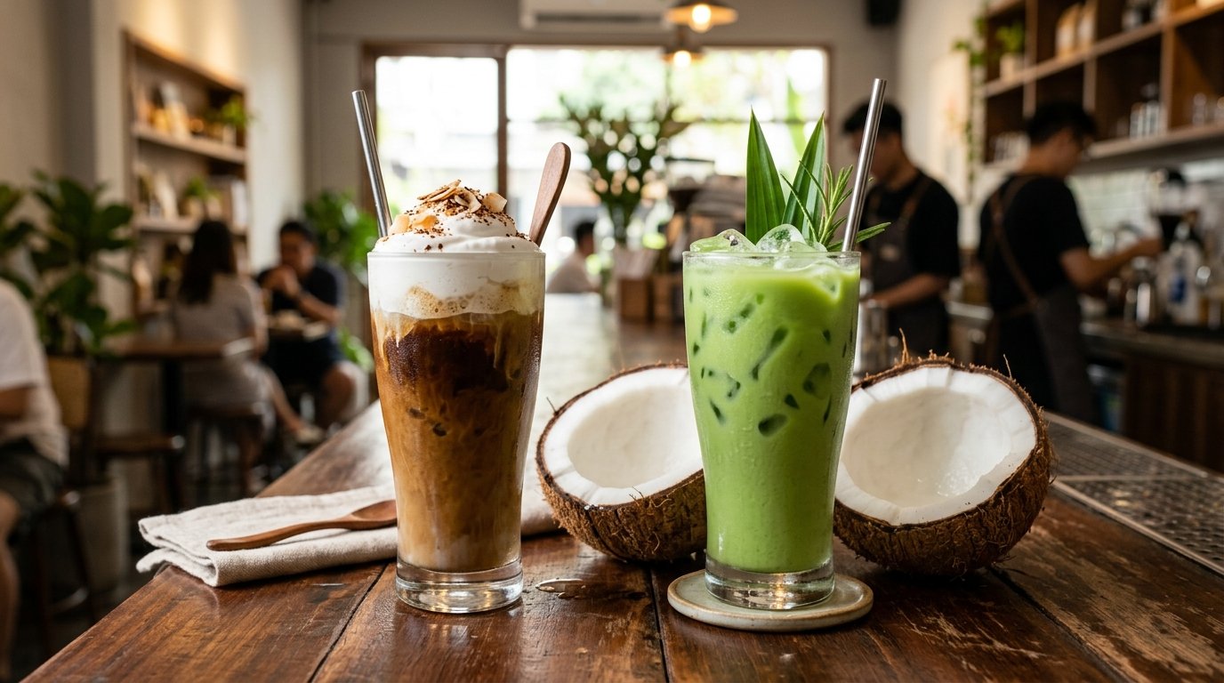 Quầy bar pha chế Cafe cốt dừa đá xay và Trà sữa cốt dừa lá dứa