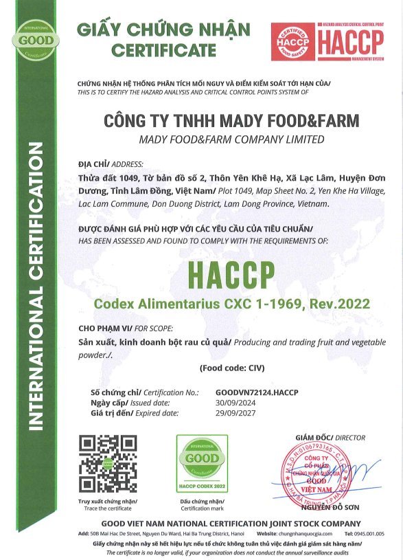 Bản sao Giấy chứng nhận hệ thống quản lý an toàn thực phẩm HACCP CODEX của CÔNG TY TNHH MADY FOOD&FARM tại xã Ka Đô, tỉnh Lâm Đồng