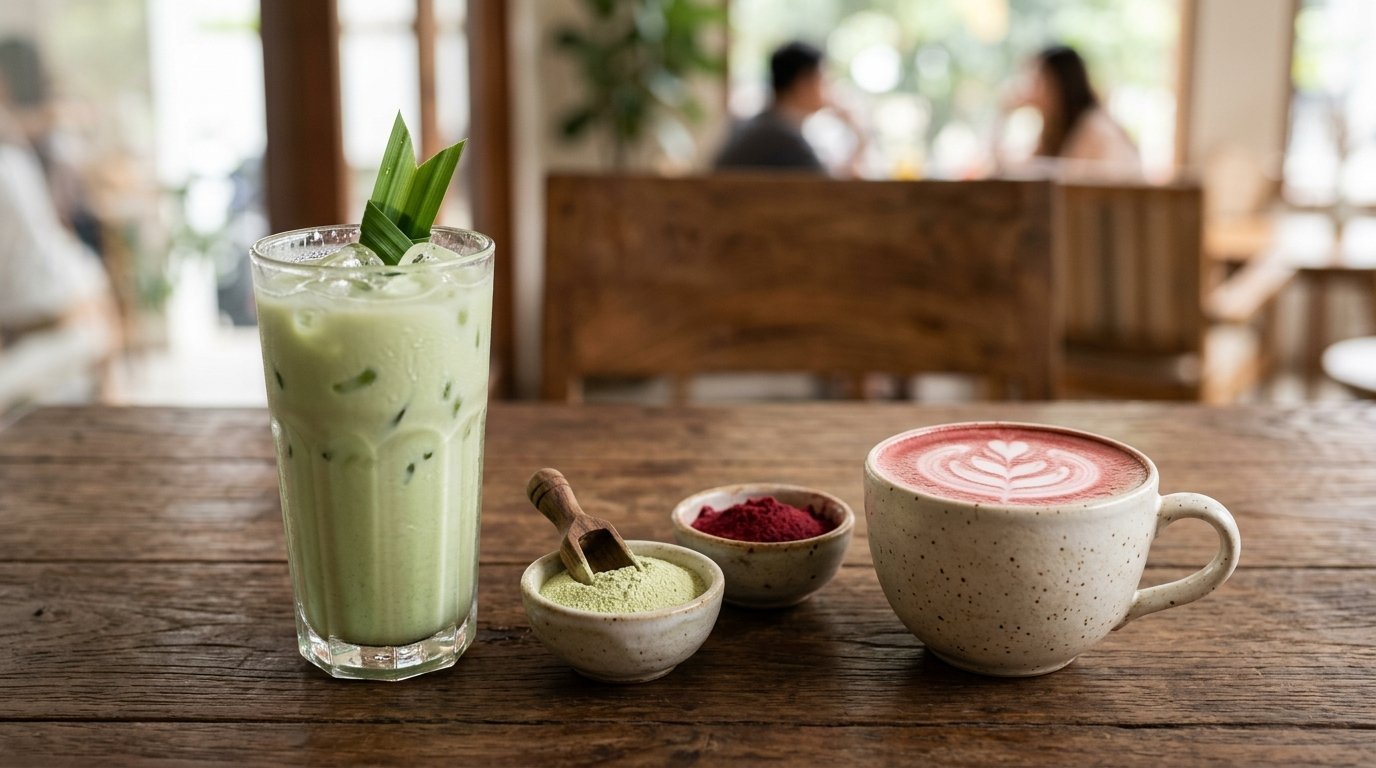 Ứng dụng Bột Nước Ép Củ Dền Sấy Phun pha chế Latte Củ Dền và Bột Lá Dứa Sấy Lạnh pha trà lễ hội Tết